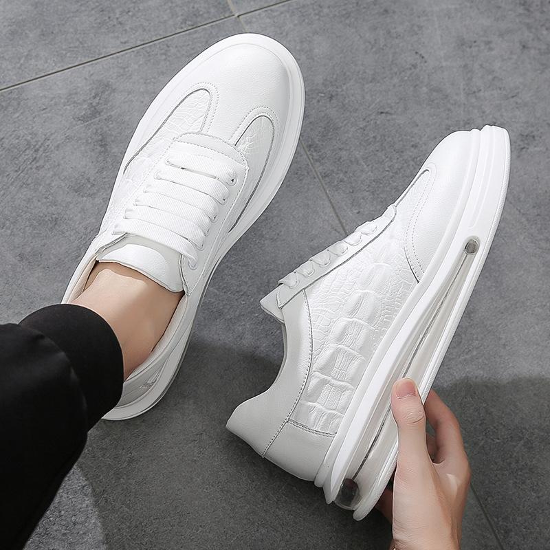 Leather Men's Shoes Casual Air Cushion Shoes Spring and Autumn New Fashion Shoes Breathable Lace-up Trendy Shoes White Shoes Men's Shoes