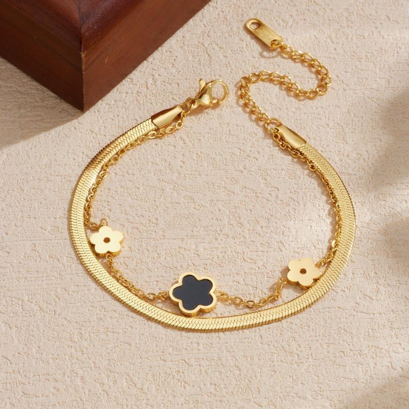Gold Plated Double Layer Flower Bracelet, Stainless Steel Herringbone Chain Wrist Jewelry, Waterproof Dainty Bracelet for Women Gift