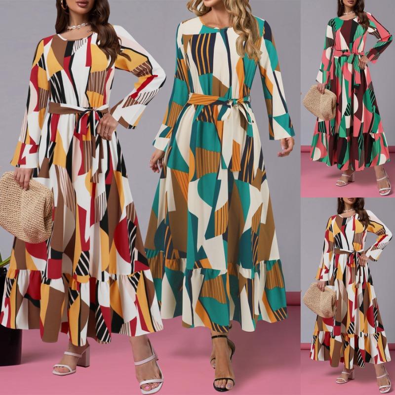 Autumn Long Sleeve Geometric Color Contrast Round Neck Dress Temperament Fashion Belt Long Sleeve Dress