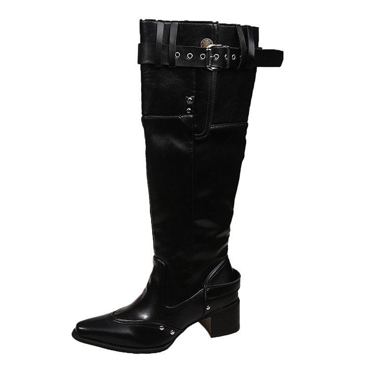Autumn and Winter New Fashionable and Thin Stacking Boots Women's Pointed Thick Heel High Tube Belt Buckle Large Size Boots