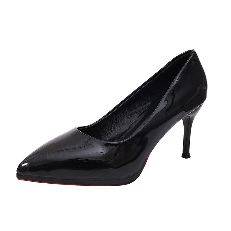 Patent leather thin heels pointed high heels metal toe anti-kick solid color shoes comfortable and not tired feet large size widening