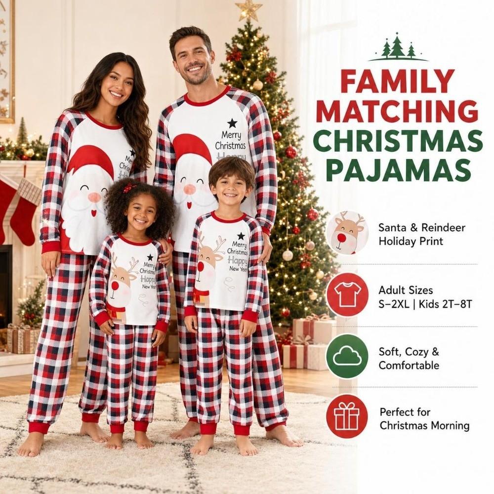 Long Sleeve Christmas Pyjamas Set Plaid Printed Top+Pants Soft Family Matching Pyjamas Adult Kids