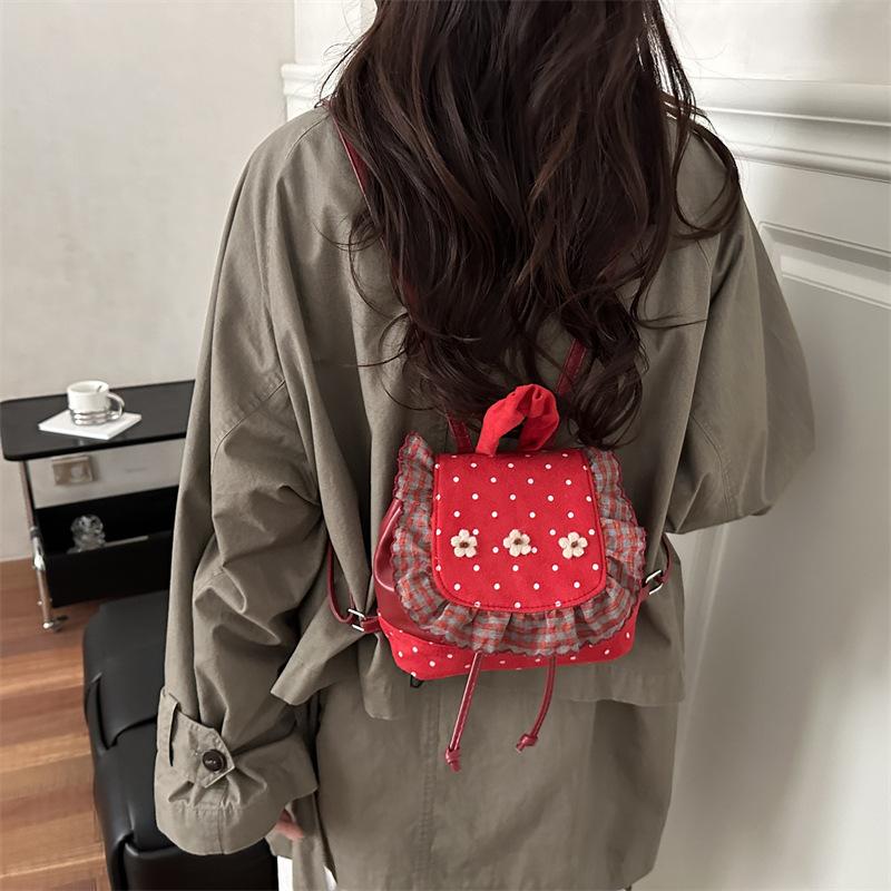 Polka Dot Floral Patchwork Design Backpack for Women Versatile Sweet Girls Drawstring Shoulder Bags Lightweight Travel Handbag