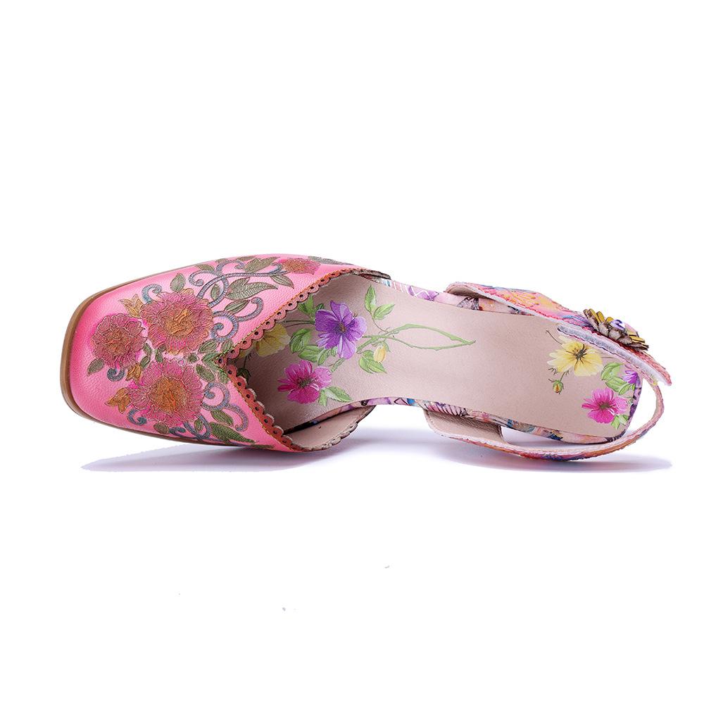 Johnature Handmade Genuine Leather Retro Court Style Exquisite Carved Comfortable High-heeled Sandals