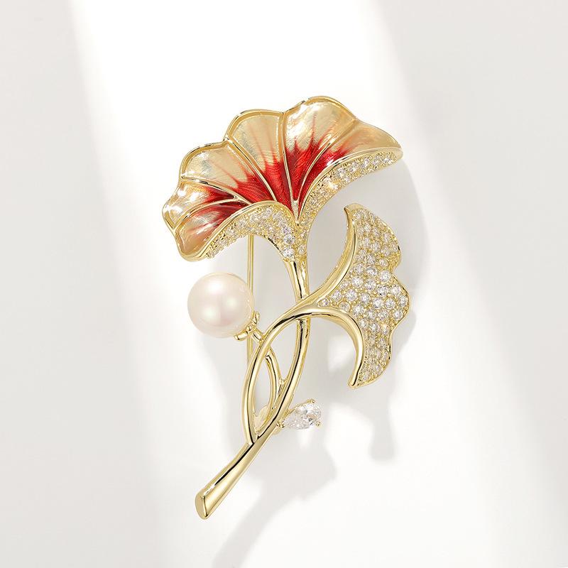 Bo Xin Yun High-End Ginkgo Leaf Enamel Brooch with Zirconia and Pearl Accents