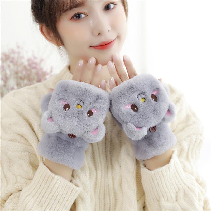 

Women s Winter Rabbit Fur Fingerless Flip-Top Gloves, Velvet-Lined Bear Cartoon Style One Size сірий колір
