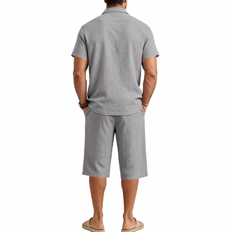 Summer Men's Casual Sportswear Sets Lapel Men's Short-Sleeved Shirt and Shorts Solid Beach Set