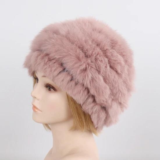 Hot Sale Women Knitted Real Rabbit Fur Hats Ladies Winter Warm Fluffy Genuine Rabbit Fur Caps Outdoor Good Elastic Fur Cap