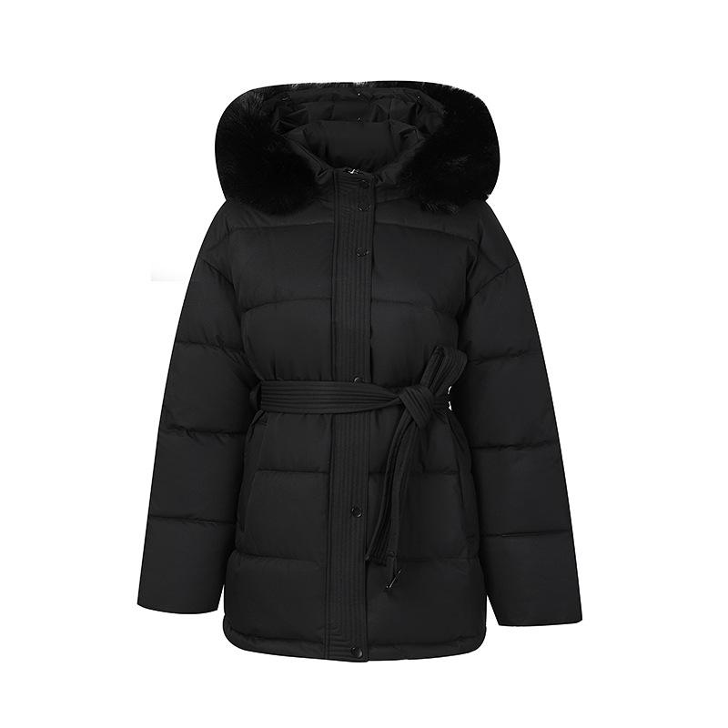 Women’s Short Big Fur Collar Hooded Windproof Thicken Warm Winter Jacket With Belt