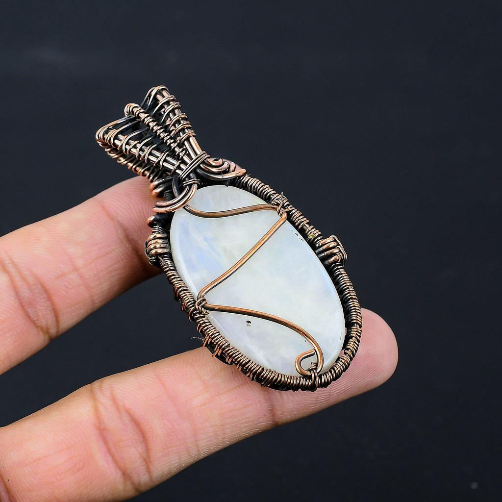 Mondstein-Edelstein, reiner Kupferdraht, umwickelt, handgefertigter Anhänger-Schmuck zum Verschenken