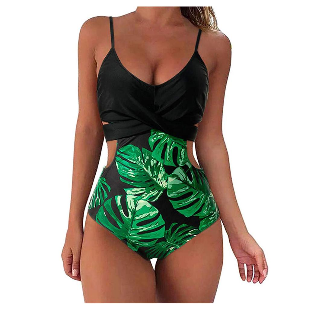 Women Sexy Bikini Swimwear One-Piece Print Patchwork Swimsuit Swimming Beachwear