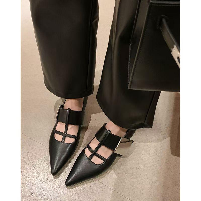 

2026new spring autumn women pumps natural leather 22-24.5cm cowhide+sheepskin+pigskin pointed toe T-strap buckle Jane shoes 40 чорний