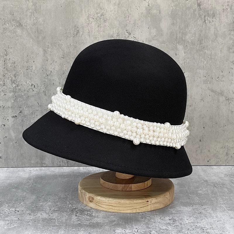 French Hepburn Elegant Pearl Bucket Hat Autumn and Winter Retro Temperament Fashion Versatile Face Celebrity Small Basin Hat Top Hat