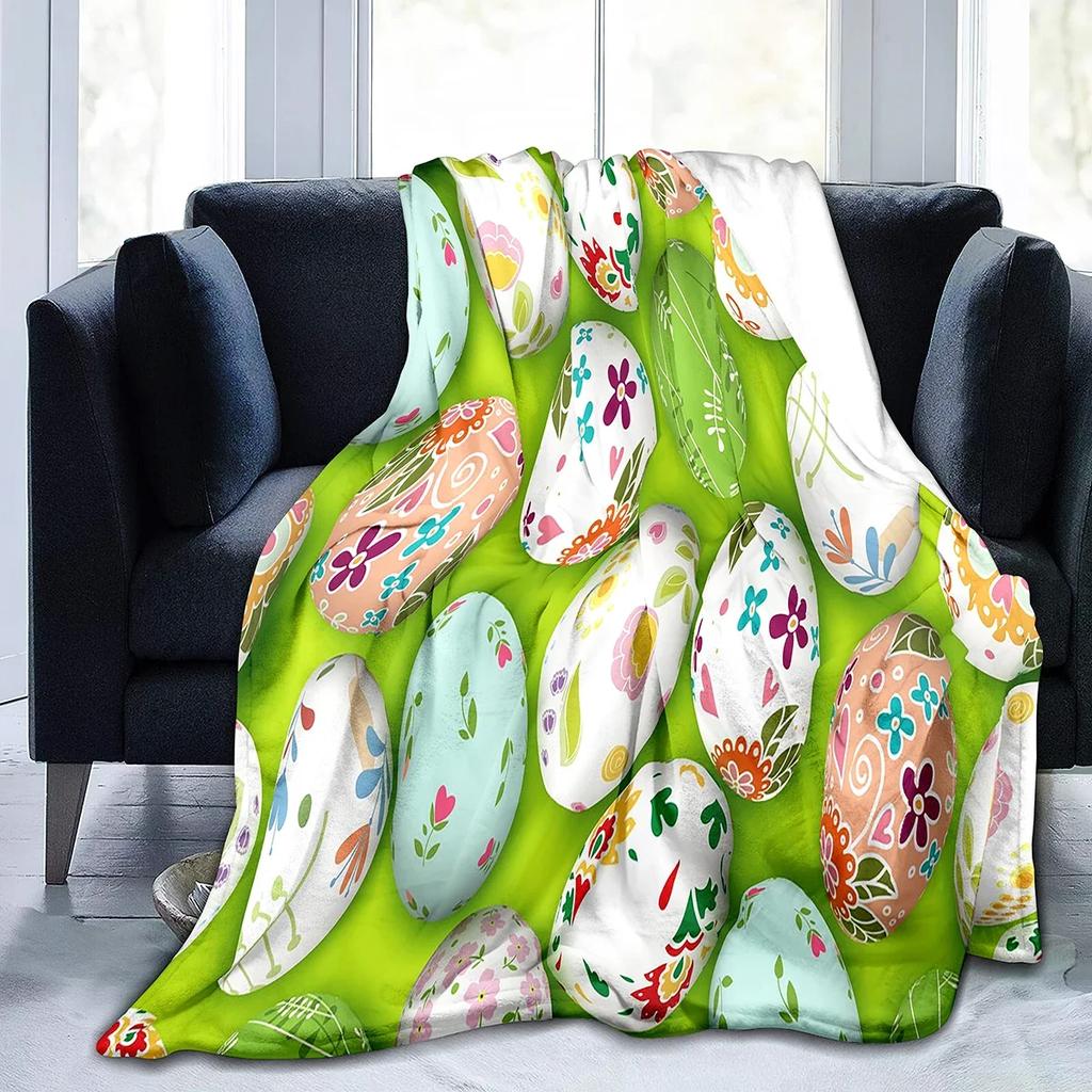 Easter Eggs Flannel Throw Blanket Colourful Eggs Pattern Easter Gifts Blanket King Queen Size for Bed Sofa Couch Lightweight
