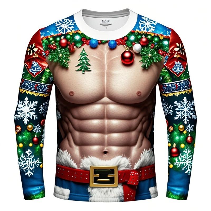 Divertenti Magliette Stampate in 3D con Muscoli Finti di Babbo Natale Brutto Natale Uomo Donna Magliette a Maniche Lunghe Moda Oversize Abbigliamento Natalizio da Uomo