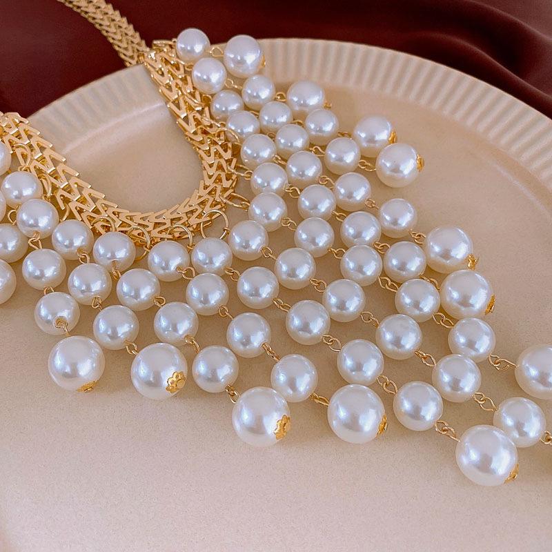 Metallic Letter M Faux Pearl Tassel Layered Necklace - Elegant, High-End Design for Women