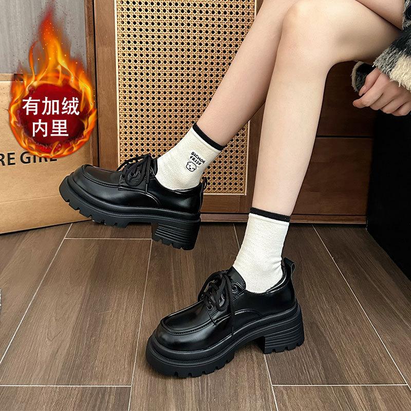 Retro British Style Black Small Leather Shoes Women's Autumn New Velvet Thick-soled Heightening Small Loafers
