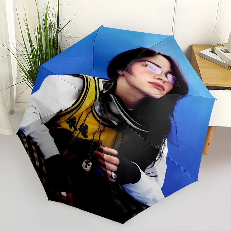 Singer Billie Eilish1 Print Automatic Umbrella, 8 Rib Iron Frame, Plastic Handle, Suitable for Outdoor Travel &Daily , Ideal Gift