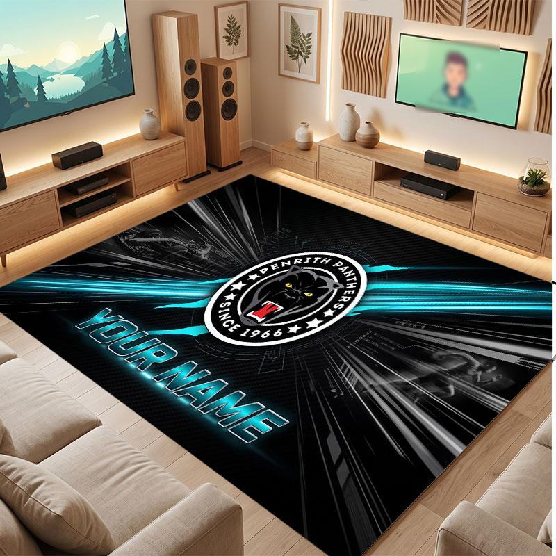 Penrith Panthers Personalisierter Kristall-Samt-Teppich, Benutzerdefinierter Name Text Weicher Anti-Rutsch-Teppich für Wohnzimmer Schlafzimmer