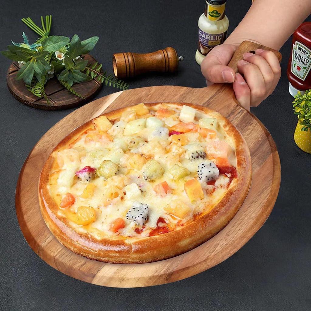 Round Wooden Pizza Plate with Handle - Multifunctional Kitchen Cutting Board and Snack Tray