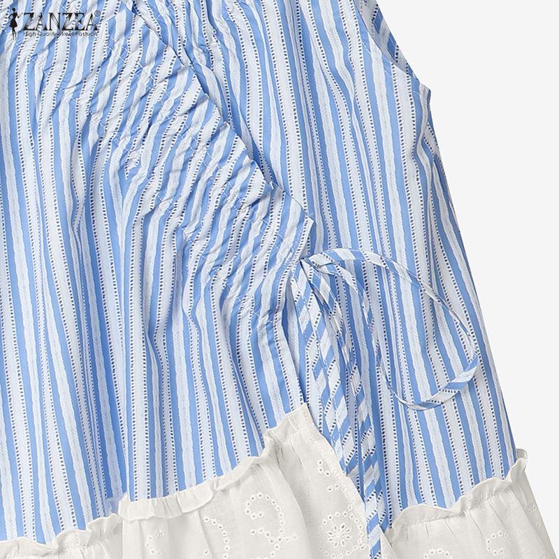 ZANZEA Women V Neck Sleeveless Pleated Striped Lace Hem Casual Tank Tops