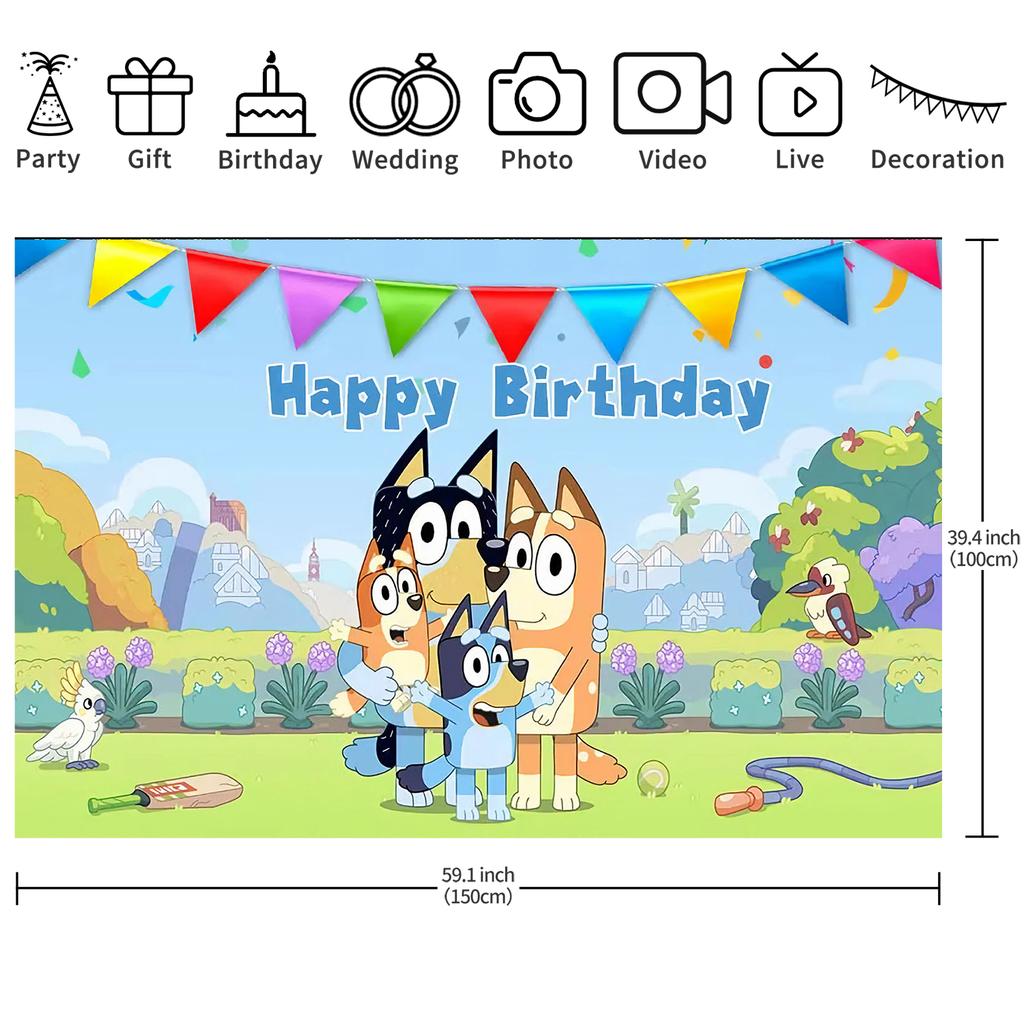 Bluey Happy Birthday Backdrop Bluey Family Birthday Party Banner Photo Background for Kids Boys Girls Birthday Party Decorations