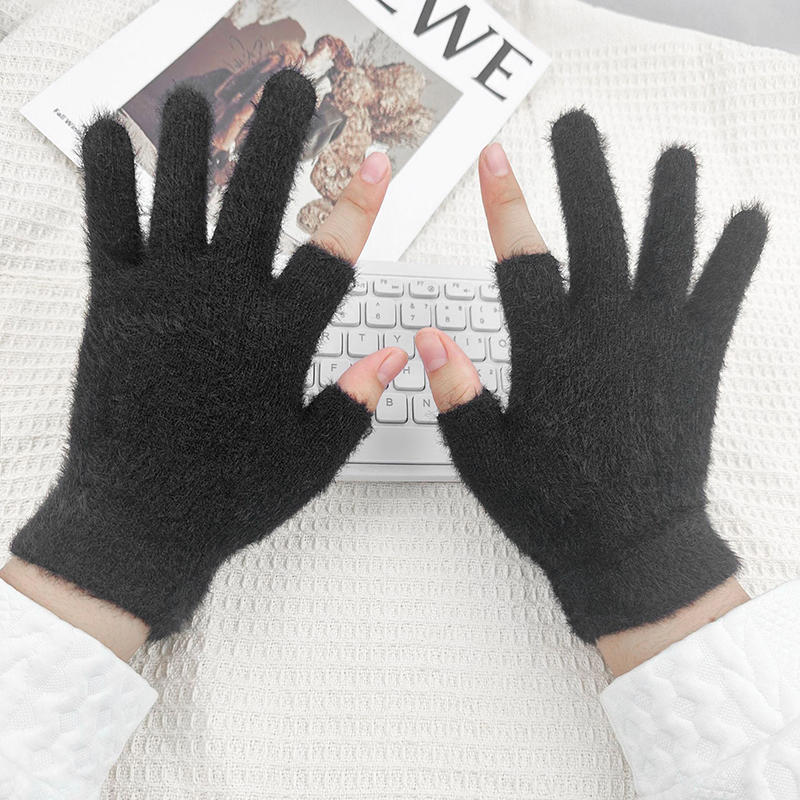 New Mink Fleece Half Finger Gloves for Women Soft Winter Warmth Solid Color Plush Thermal Fingerless Gloves for Cycling Running