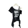 Spice girl letter print diagonal neck off-shoulder short-sleeved T-shirt women's summer new slim-fit irregular streamer top chic