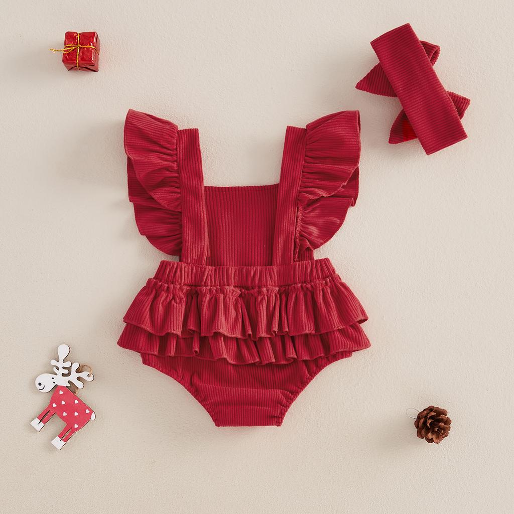 Baby Girl Overalls Romper Christmas Tree/Santa Embroidered Sleeveless Square Neck Corduroy Jumpsuits Headband