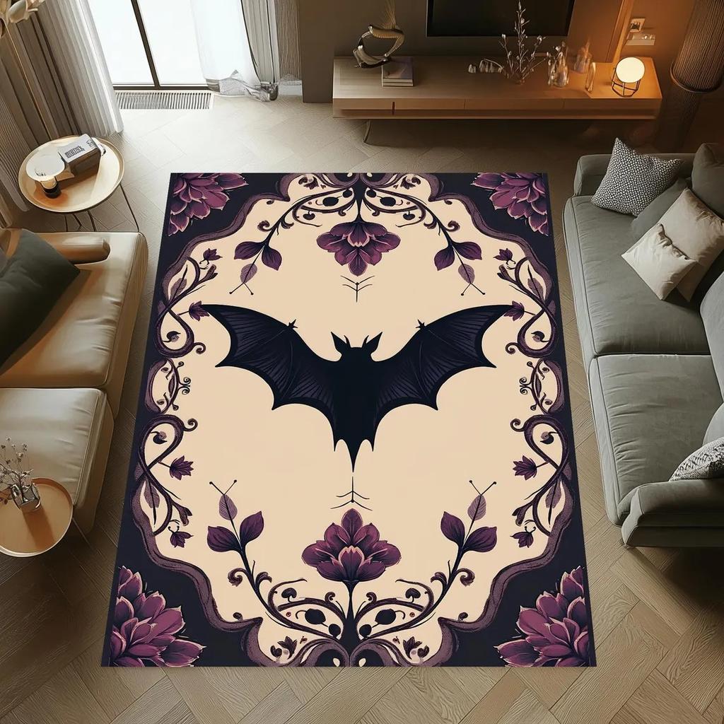 Gothic Bat Rug, Floral Vampire Carpet, Black Purple Rose Living Room Rug, Area Rug, Washable Rug, Non Slip Floor Mat