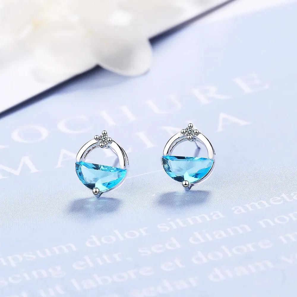 

925 Sterling Silver Crystal Semi-Circle Earrings For Women Wedding Engagement Party Fashion Charm Jewelry синий