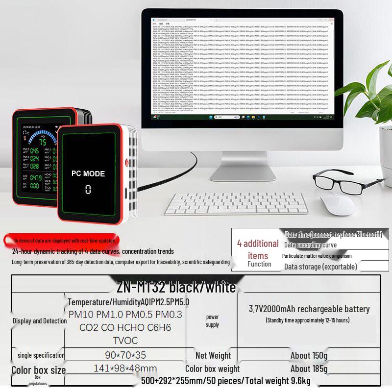 18-in-1 Air Quality Detector with Data Export: Measures Formaldehyde, Benzene, CO2, and PM2.5