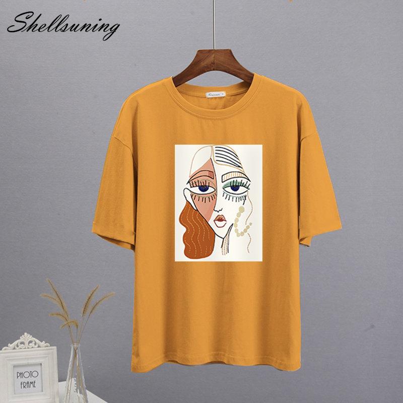 Shellsuning Summer Retro Character Printed T Shirts Women Korean Graphic Trendy Tees Loose Casual Short Sleeve Female Tops