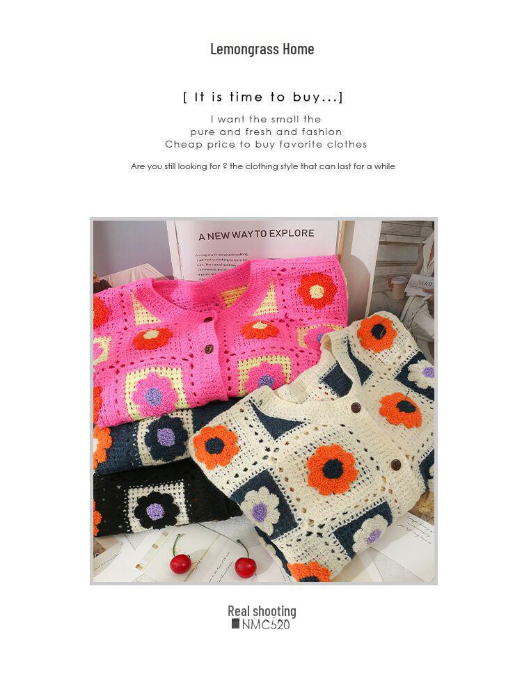 Vår Japansk Söt Ihålig Broderi Blommig Stickad Kofta - Dam Kort Långärmad Tröja Trend