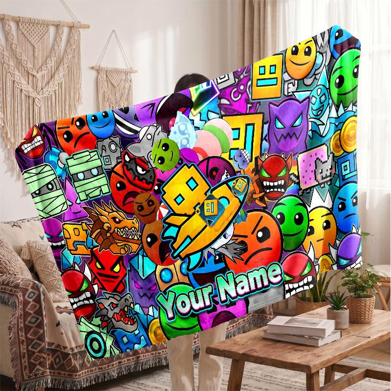 Geometry Dash Personalized Flannel Blanket, Custom Printed Text Name, Warm Soft Blanket For Couch Bed
