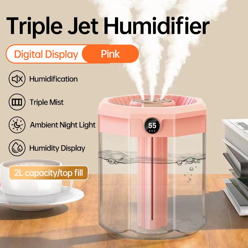 USB Digital Display 2-Liter Silent Humidifier Disinfection Night Light Three-Spray Modes Pregnant Women Offices Household Hotels