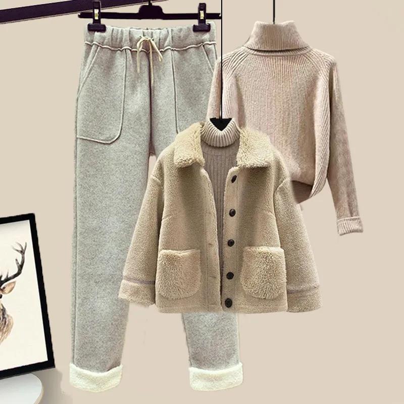 Winter Lamb Plush Fur Granular Fleece Jacket Sweater Casual Pants Three-piece Fashion Professional Pants Suit Women