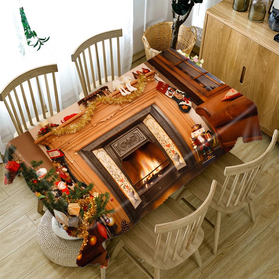 Thicken Cotton Christmas Tablecloth 3d Light Tree Christmas Stockings Fireplace Pattern Rectangular Round Table Cloth