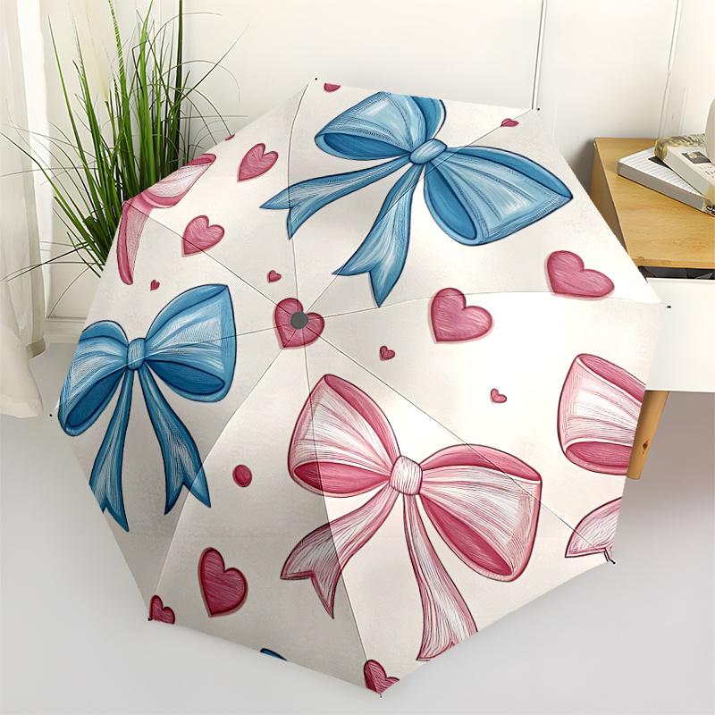 1pc Bows Hearts Automatic Folding Umbrella - Compact 8-Rib Design, Durable Plastic & Iron, Festive Gift, Compact Umbrellan026