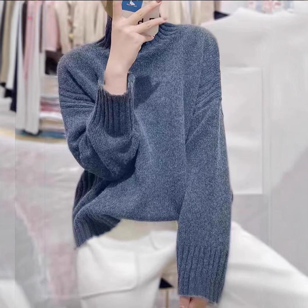 

Жіночий светр з чистої вовни з французьким високим коміром - Осінньо-зимовий пуловер вільного крою XXL джинсовий синього кольору