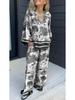 2024 V-neck Print Long Sleeve Women's Fashion Set with Pockets