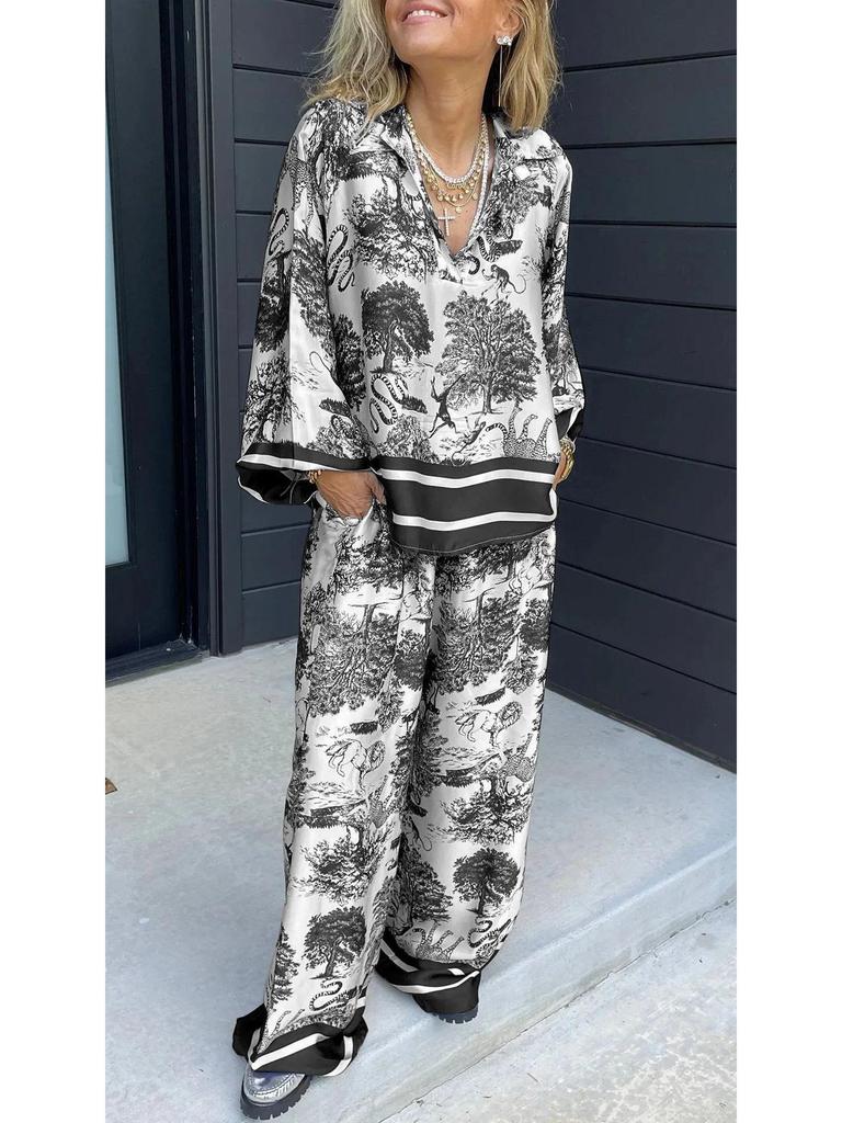 2024 V-neck Print Long Sleeve Women's Fashion Set with Pockets