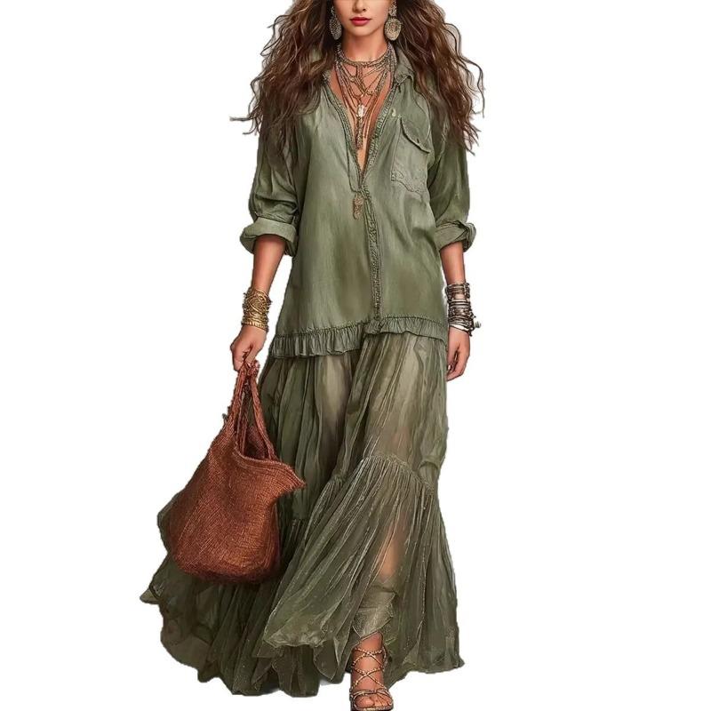 Vintage Turn Down Collar Imitation Denim Casual Long Dress For Women