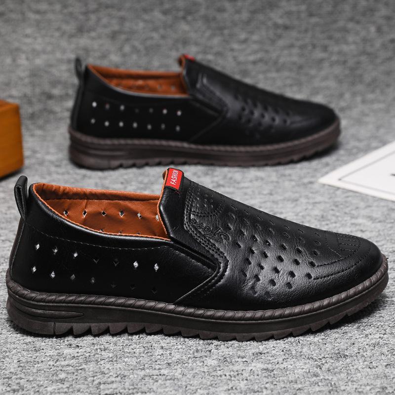 Hollow leather shoes men's summer breathable soft leather lowtop business leisure onepedal hole dad men's shoes