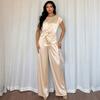 TIFICY Women's Fashion Casual Summer Spring Solid Color Print Short Sleeve O-Neck Trousers Pants Suits