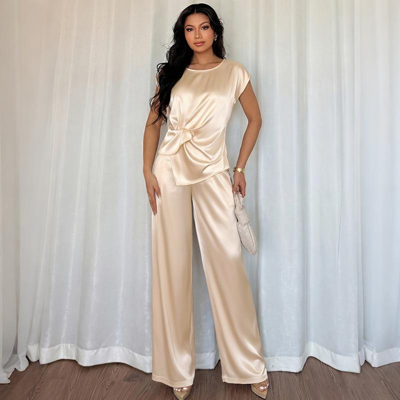 TIFICY Women's Fashion Casual Summer Spring Solid Color Print Short Sleeve O-Neck Trousers Pants Suits