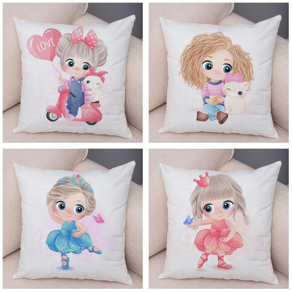 Lovely Girl and Cat Pillowcase Decor Cute Cartoon Child Cushion Cover Pillow Case for Children Room Sofa Home Car 45x45cm