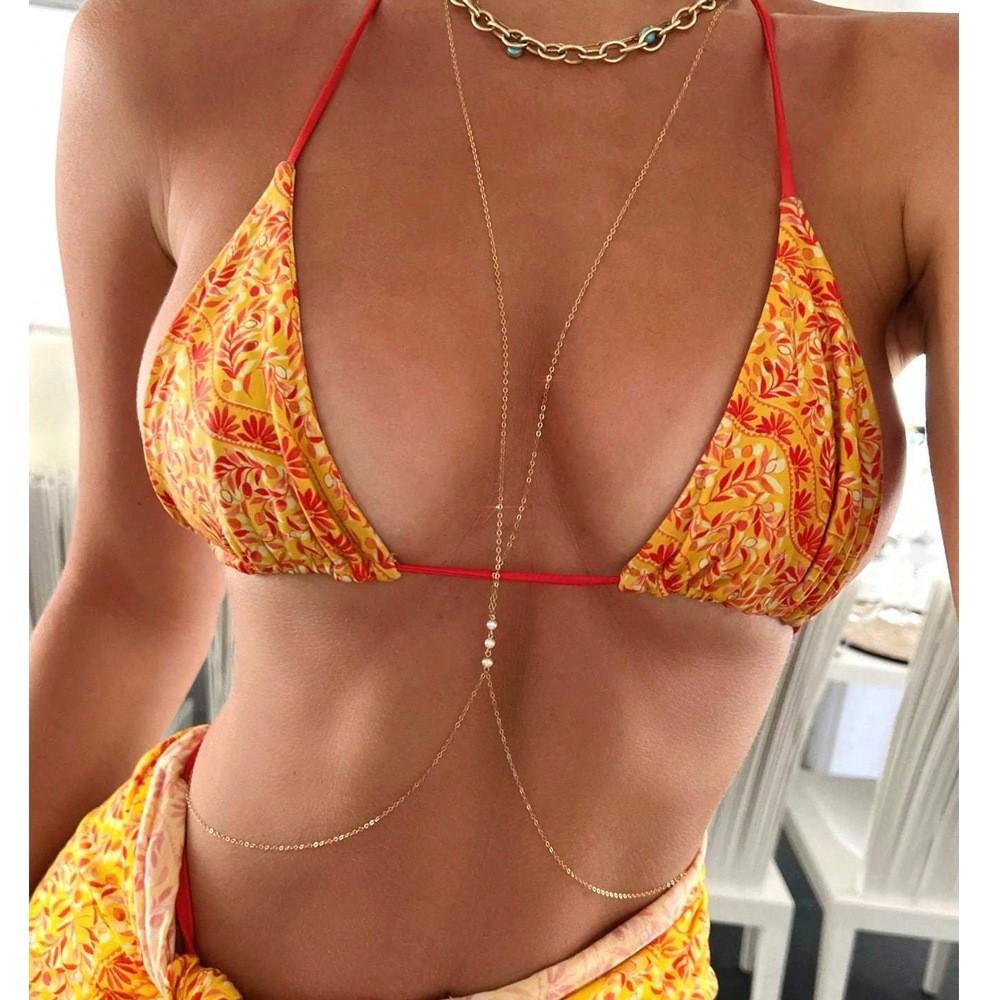 Sexy Metal Beaded Chest Chain for Women Simple Design Gold Color Geometric Metal Tassel Body Chain Beach Party Bikini Jewelry
