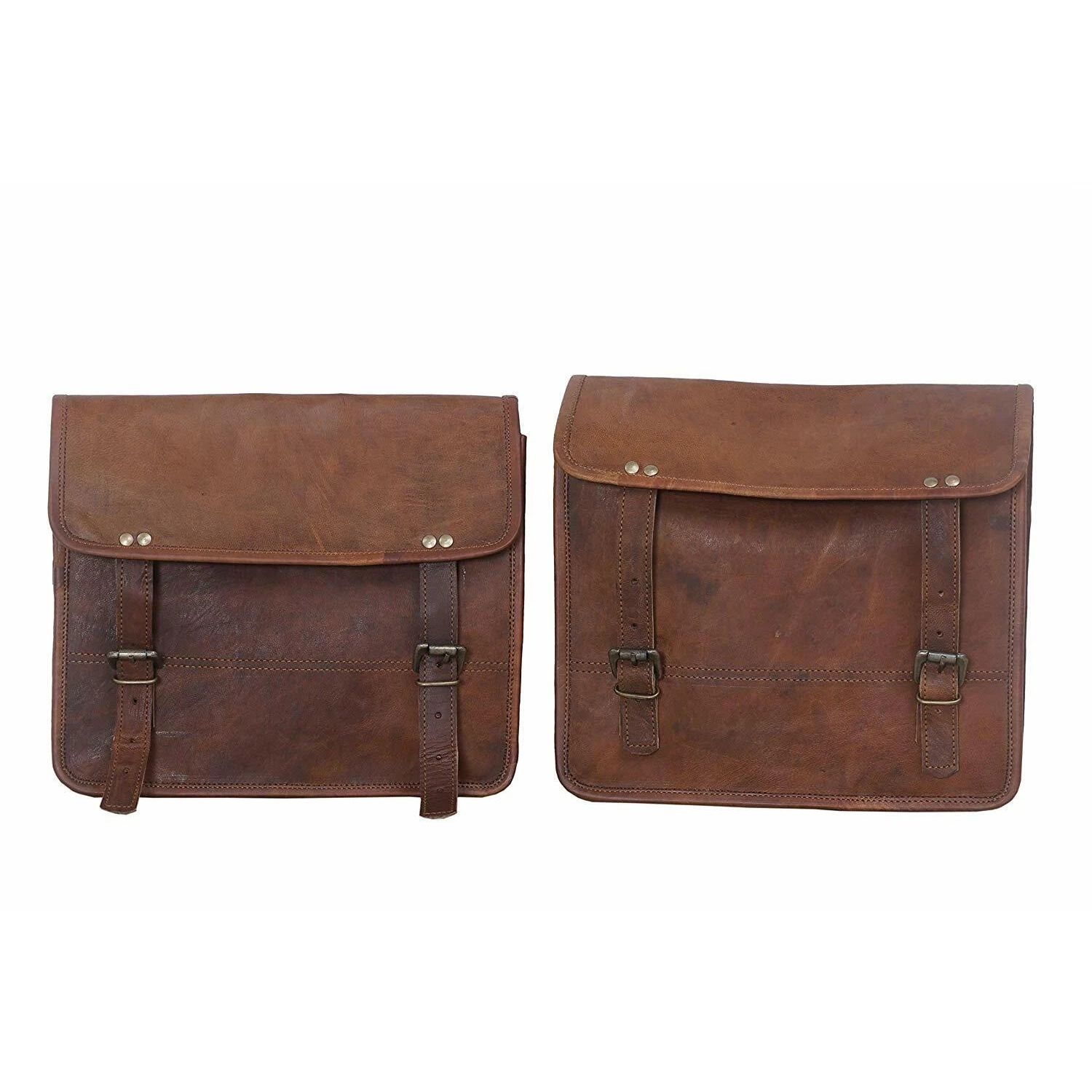 

Quality Leather Motorcycle Saddle Bags Two Brown Leather Side Pouch Panniers 11 x 9 x 4 in