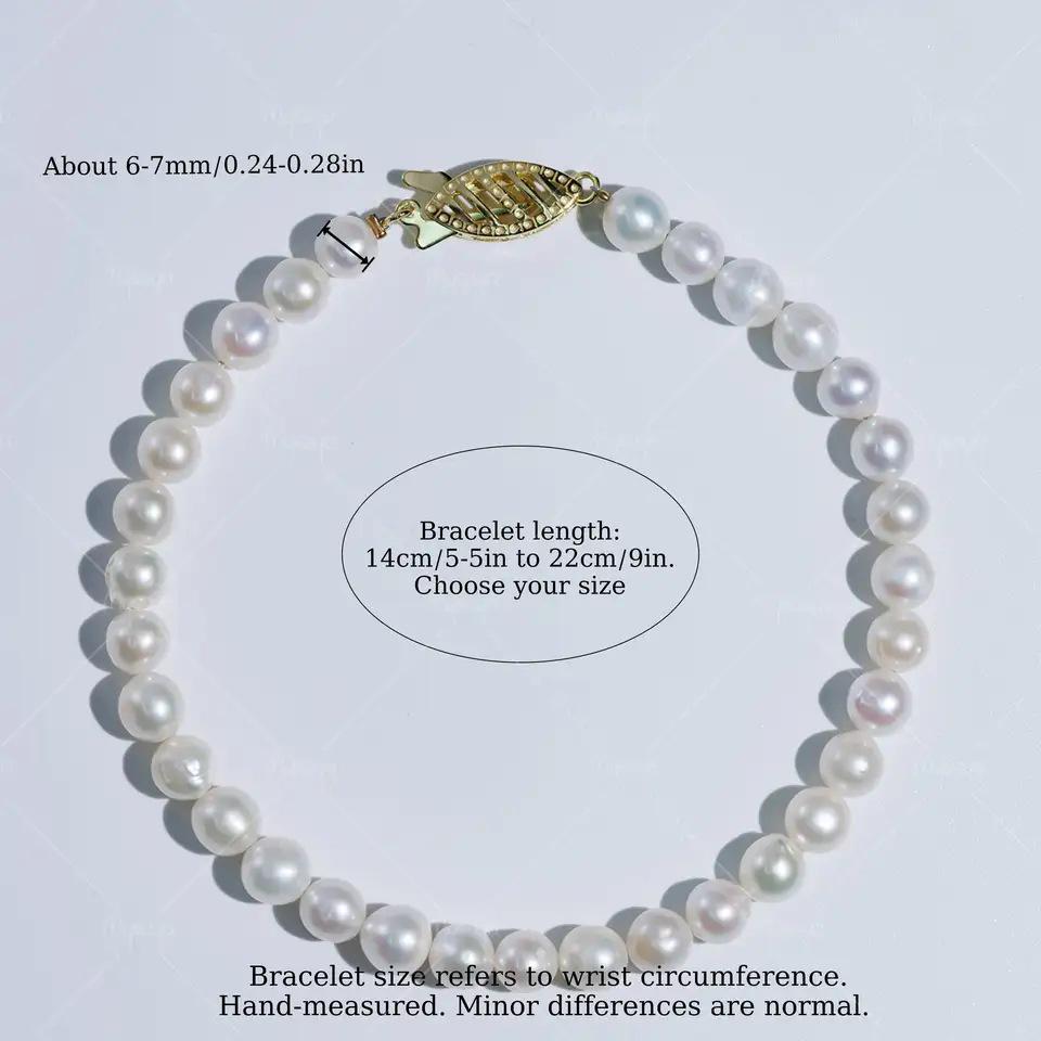 MYSOYA 6-7mm White Round Baroque Freshwater Pearl Bracelet with Gold S925 Silver 14cm